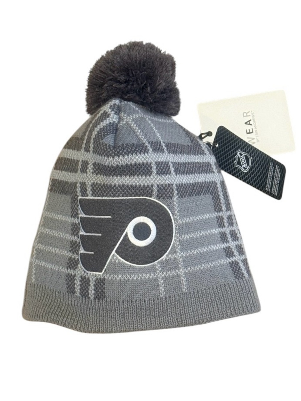 Philadelphia Flyers NHL Gray Plaid Pom Beanie with Flyers Logo